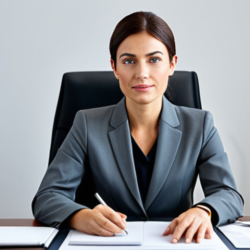 Home 28 **
A professional businesswoman in a modest business suit, sitting at a desk in a modern office. Fully clothed, appropriate attire, safe for work, perfect anatomy, natural proportions, professional photography, high quality, professional.
**