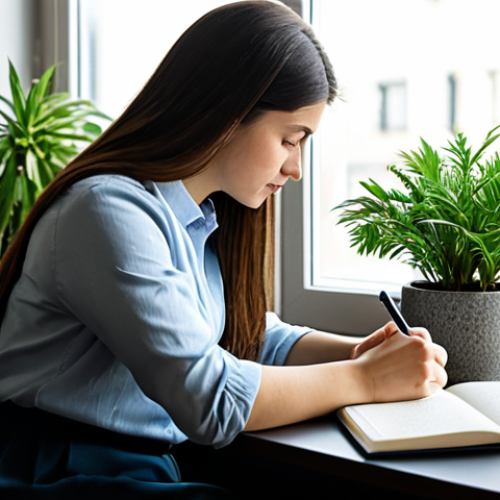 Home 27 **
A person in a professional setting (office, library, or co-working space), fully clothed in modest attire, thoughtfully writing in a journal. Soft, natural lighting. Background elements include books, plants, and a laptop. The scene conveys self-reflection and personal growth. Safe for work, appropriate content, professional, perfect anatomy, natural pose, well-formed hands, proper finger count, natural body proportions.
**