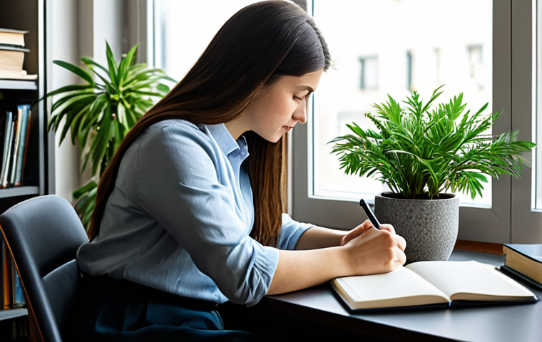 **
A person in a professional setting (office, library, or co-working space), fully clothed in modest attire, thoughtfully writing in a journal. Soft, natural lighting. Background elements include books, plants, and a laptop. The scene conveys self-reflection and personal growth. Safe for work, appropriate content, professional, perfect anatomy, natural pose, well-formed hands, proper finger count, natural body proportions.
**