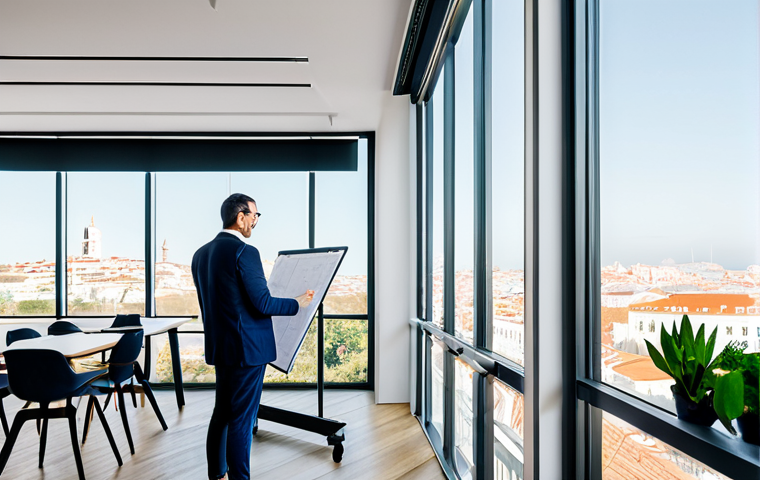 **

"A professional architect, fully clothed in a stylish yet modest business attire, reviewing blueprints in a brightly lit, modern co-working space in Lisbon, Portugal.  The setting includes plants and large windows overlooking the city. Safe for work, appropriate content, perfect anatomy, natural proportions, family-friendly, high-quality rendering, professional."

**