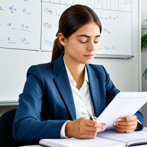 Home 25 The Learner**
A young professional woman sitting at a desk in a brightly lit, modern office. She's reviewing notes with a thoughtful expression. She is wearing a modest, professional business suit. The background includes a whiteboard with notes scribbled on it and a potted plant. Perfect anatomy, correct proportions, natural pose, well-formed hands, proper finger count, natural body proportions, professional photography, high quality, safe for work, appropriate content, fully clothed, professional, modest, family-friendly.
**