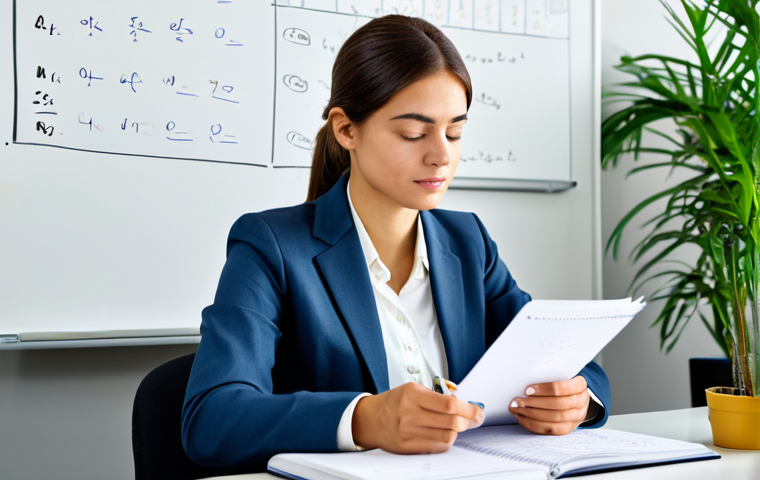 The Learner**
A young professional woman sitting at a desk in a brightly lit, modern office. She's reviewing notes with a thoughtful expression. She is wearing a modest, professional business suit. The background includes a whiteboard with notes scribbled on it and a potted plant. Perfect anatomy, correct proportions, natural pose, well-formed hands, proper finger count, natural body proportions, professional photography, high quality, safe for work, appropriate content, fully clothed, professional, modest, family-friendly.
**