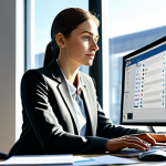 "A busy professional woman in a modern, sunlit office, managing multiple tasks on a computer with Trello open, showcasing efficient time management, fully clothed, appropriate attire, safe for work, perfect anatomy, natural proportions, professional, high quality."
