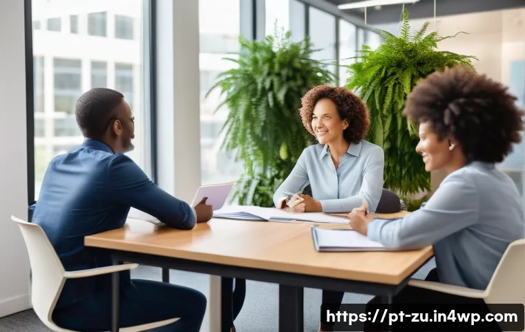 피드백 수용력을 높이는 리더십 개발 전략 - A modern office meeting room with a diverse group of professional adults engaged in an active listen...