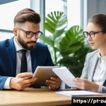 피드백 수용 시 유의해야 할 점 - A professional office setting with two colleagues engaged in a constructive feedback session. One pe...