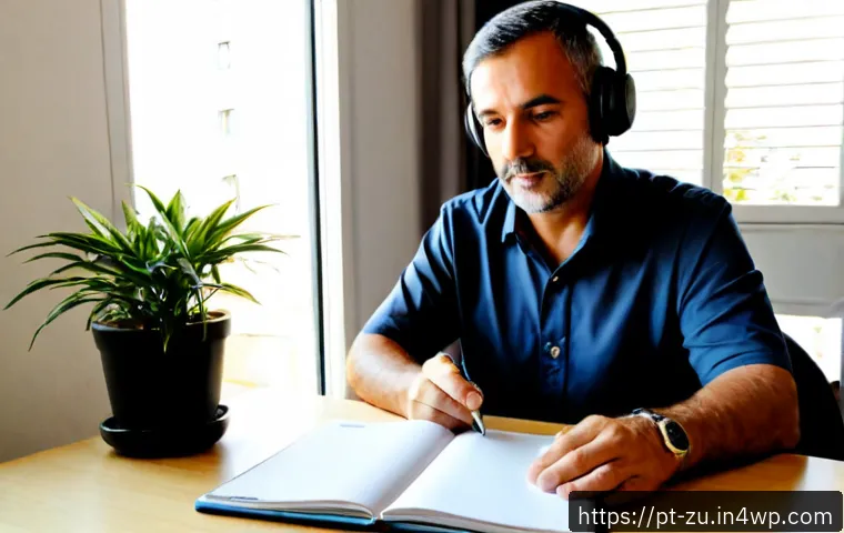 피드백 수용력 향상을 위한 온라인 코스 - Photorealistic home-office scene in Portugal: a middle-aged professional attending an online feedbac...